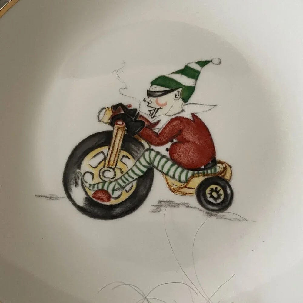 Restoration Hardware Christmas Naughty Elf 6 Salad Plates Boxed RARE Vintage